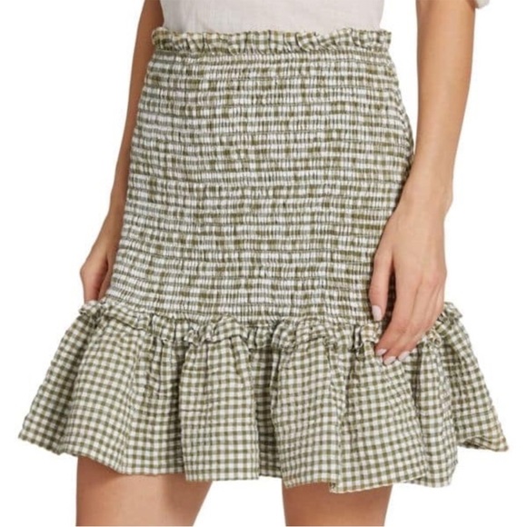 NWT Veronica Beard Jeans Aloya Green Gingham Smocked Ruffle Mini Skirt $298 - Picture 1 of 12